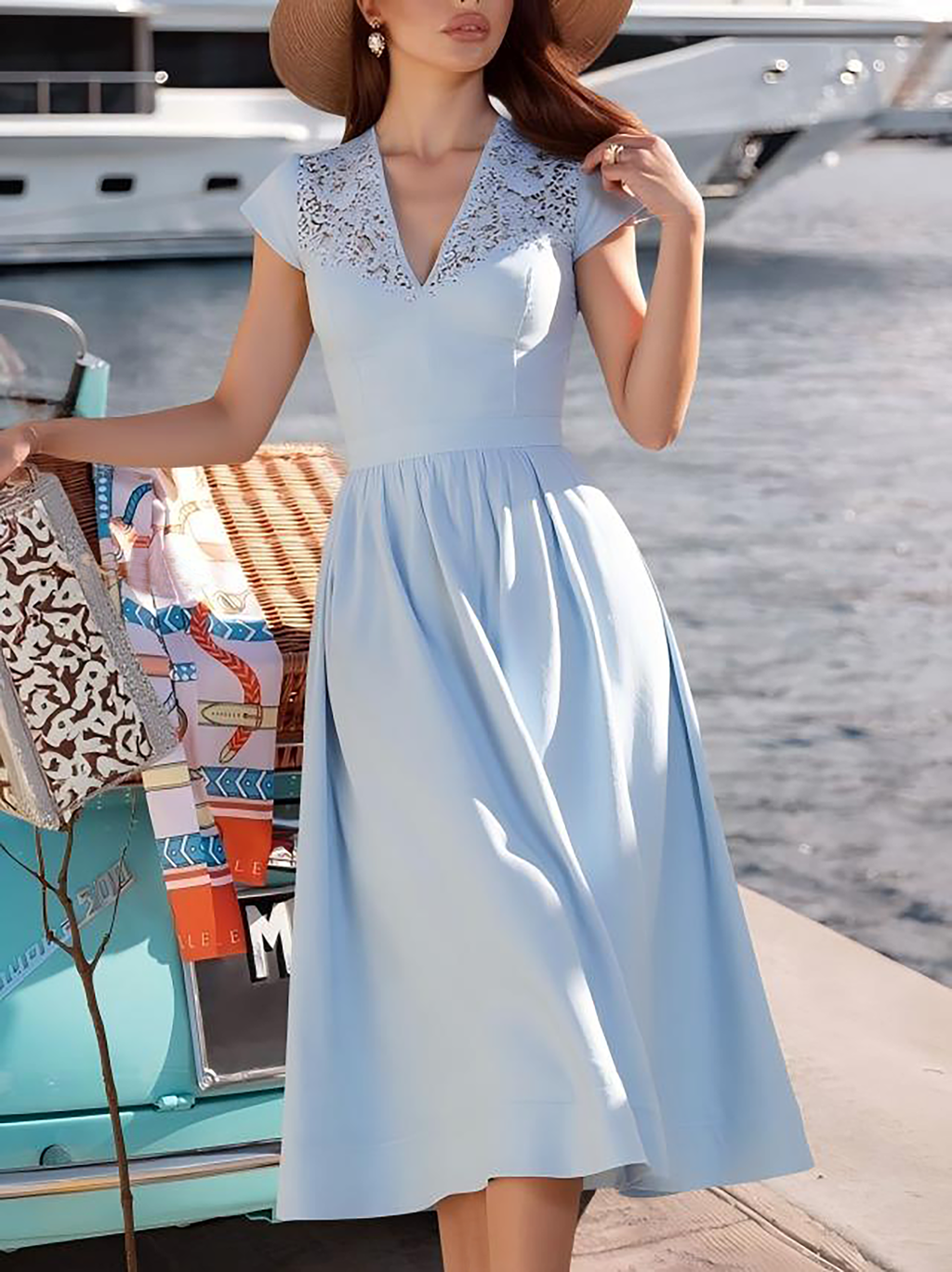 Midi Linen Dress, Short Sleeves, V Neck, Plain, Lace, French Vintage, Blue