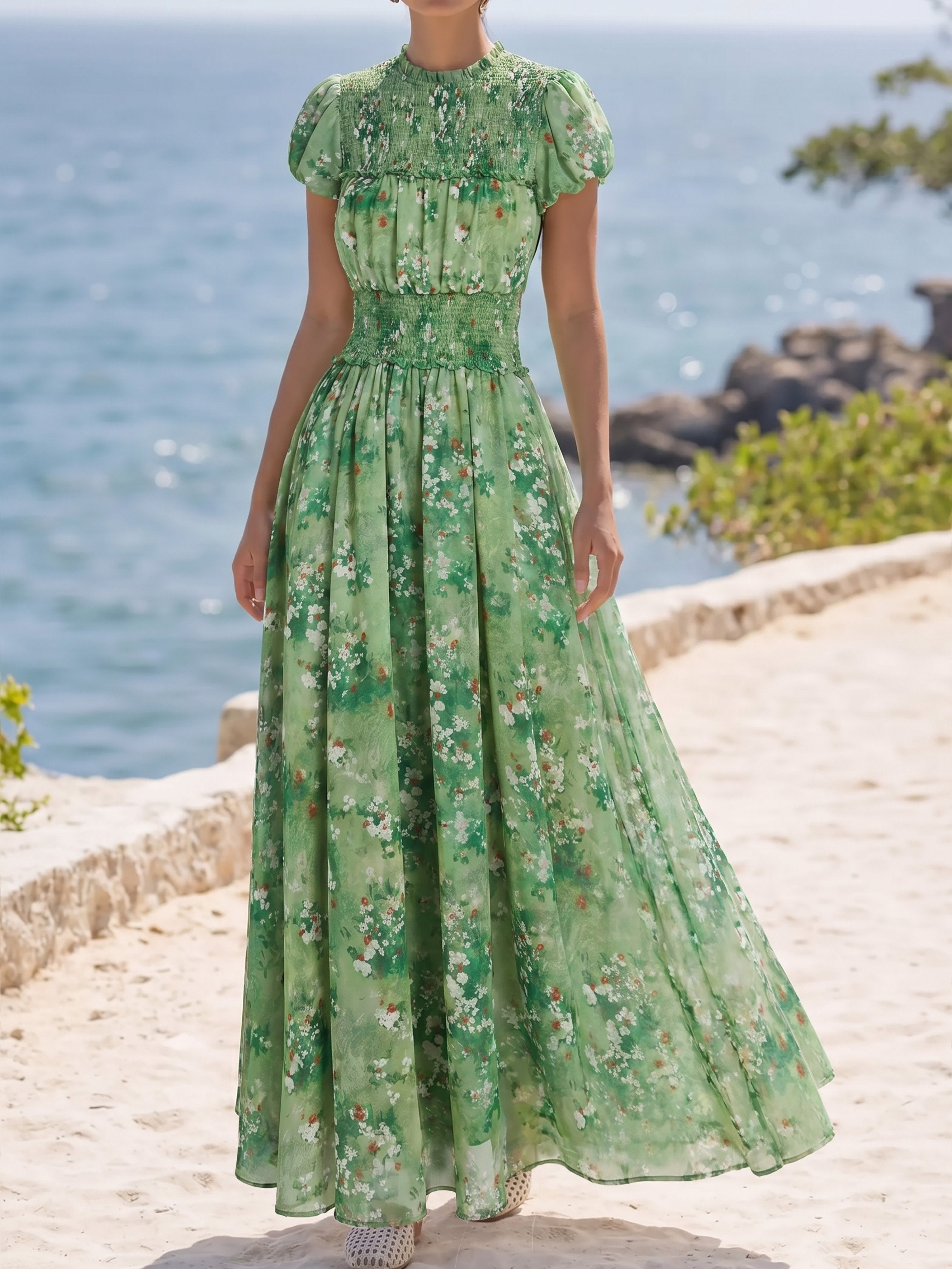 Maxi Linen Dress, Short Sleeves, Round Neck, Floral, Vintage, Green