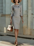 Midi Cotton Dress, Half Sleeve, Round Neck, Plain, Button Design, French Vintage, Gray