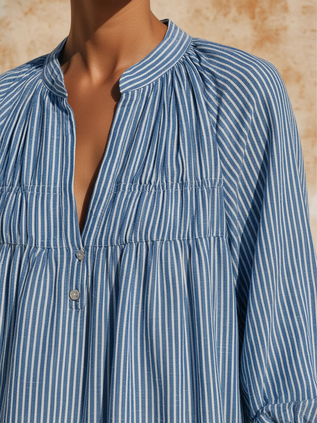 Blue & White Striped Linen Blend Midi Dress