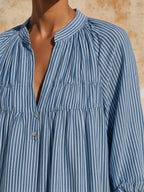 Blue & White Striped Linen Blend Midi Dress