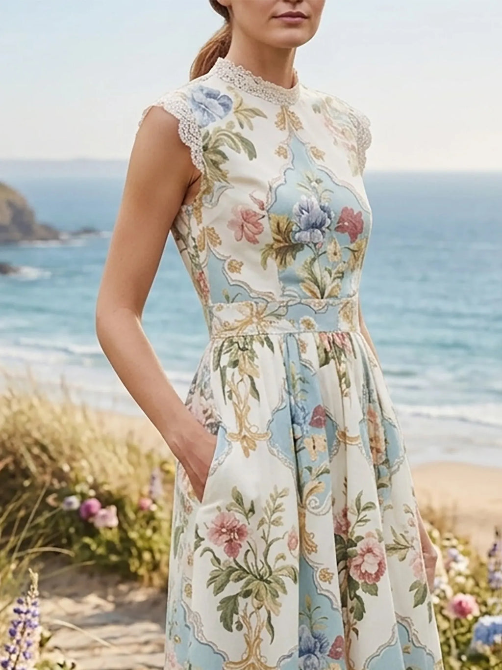 Maxi Linen Dress, Cap Sleeves, Lace Collar, Floral, Lace, Vacation, Vintage, White