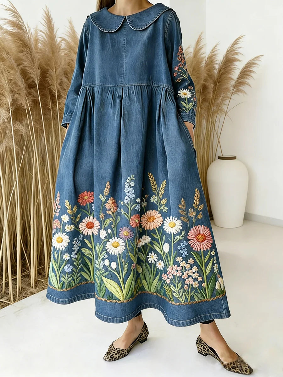 Women's Retro Floral Peter Pan Collar Long-sleeved Loose-fitting Casual Denim Dress
