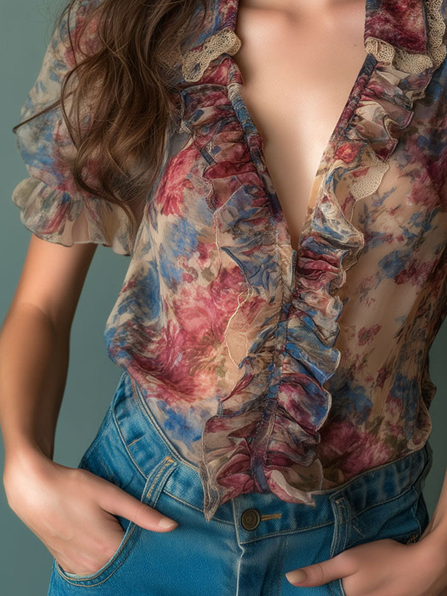 Vintage Sheer Floral Ruffle Puff Sleeve Blouse