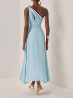 Light Blue Ruched Chiffon One Shoulder Sleeveless A-Line Maxi Dress