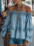 Vintage Off-Shoulder Long Sleeve Loose Denim Shirt
