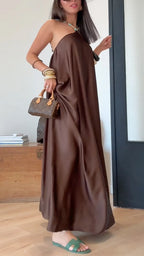 Halter Satin Flowy Maxi Dress