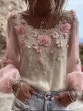 Bohemian Heavy Industry Flower Light Vintage Round Neck Top