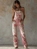 Vintage Pink Roses Glitter Embroidered Washed Denim Overall Jumpsuit
