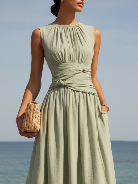 Maxi Linen Dress, Sleeveless, Round Neck, Plain, French Vintage, Green