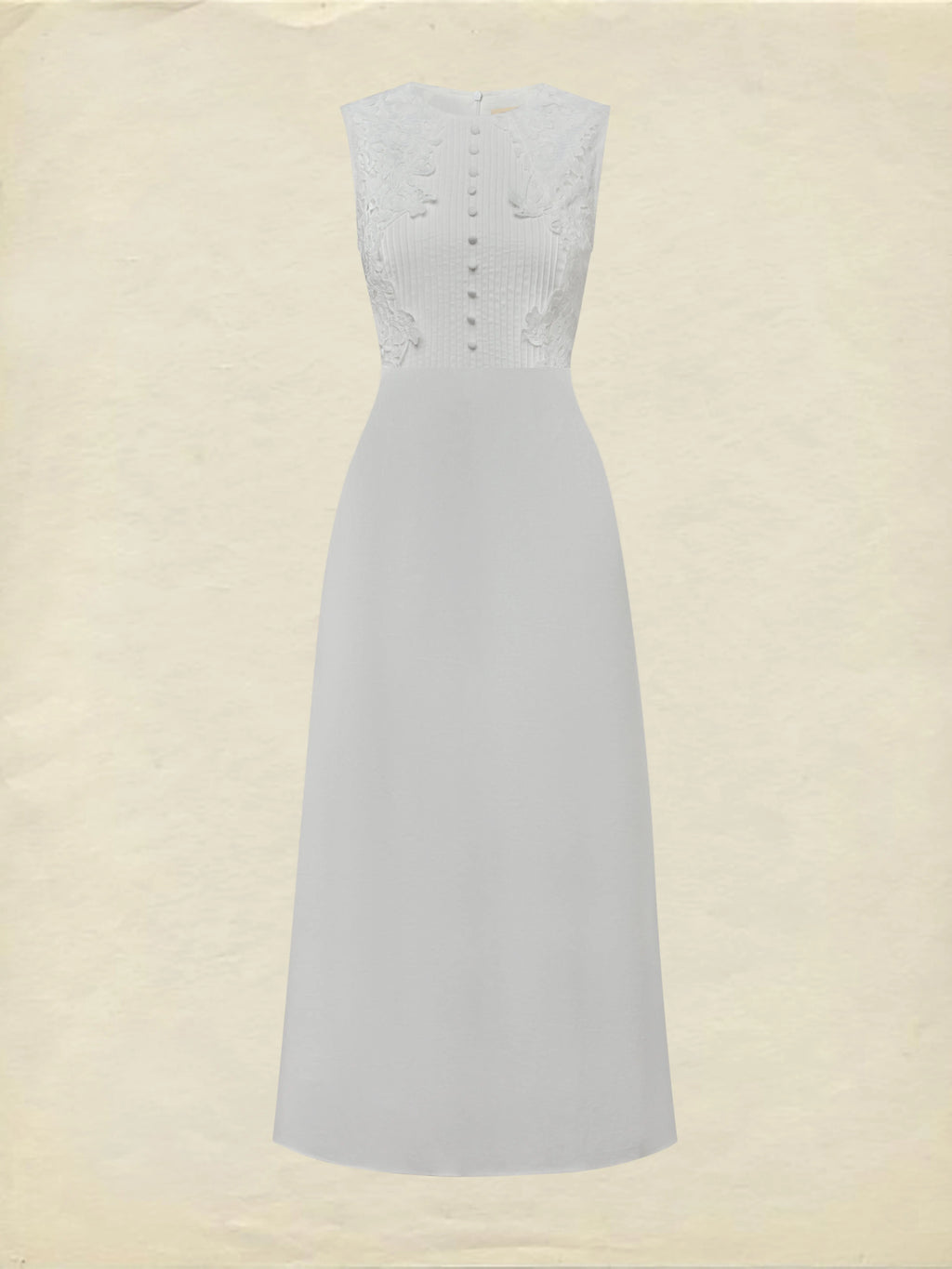 Midi Cotton Dress, Sleeveless, Round Neck, Plain, Lace, Vintage, White