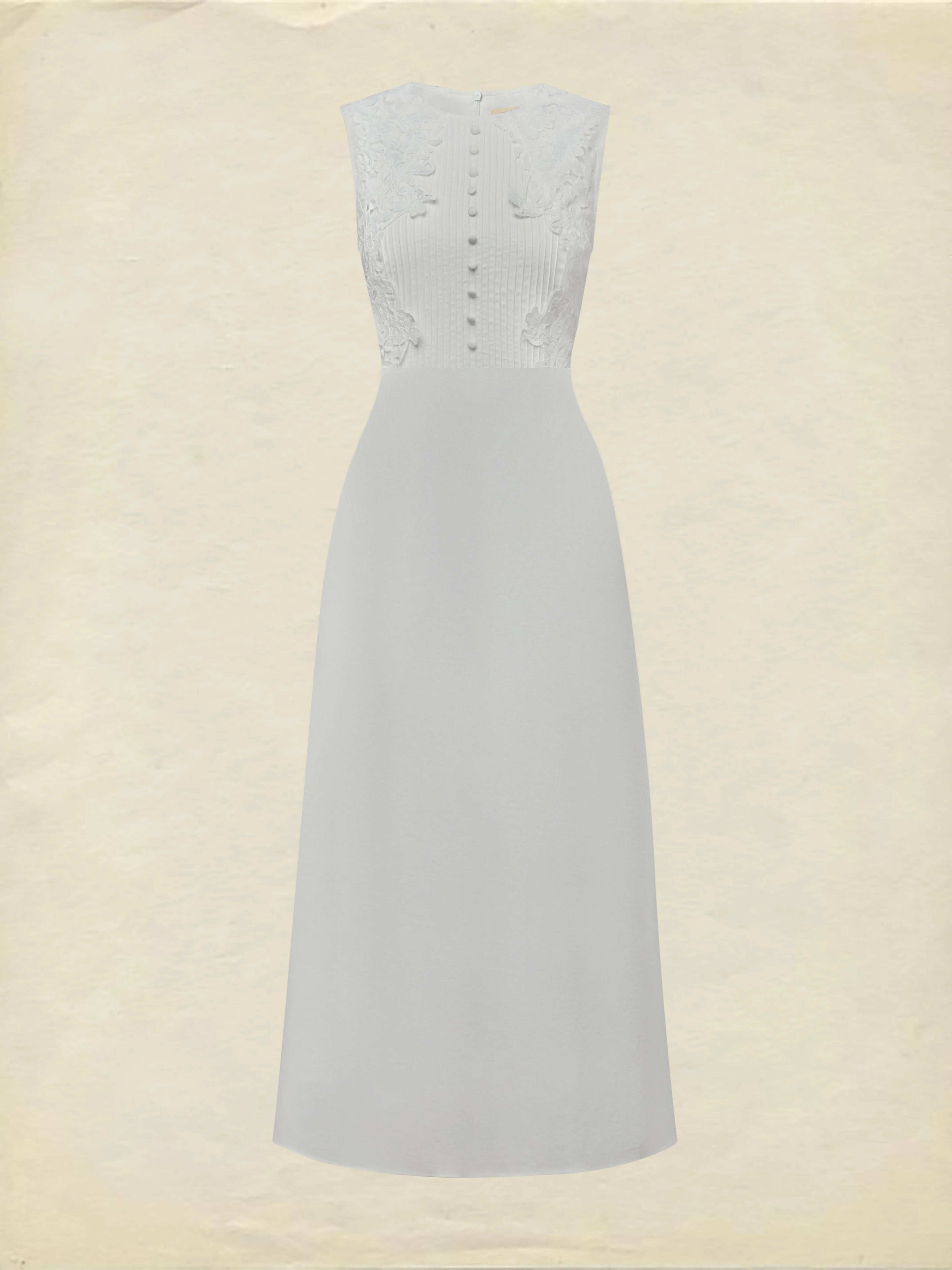 Midi Cotton Dress, Sleeveless, Round Neck, Plain, Lace, Vintage, White