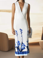 Sleek Sleeveless Satin Dress with Bold Blue Botanical Print