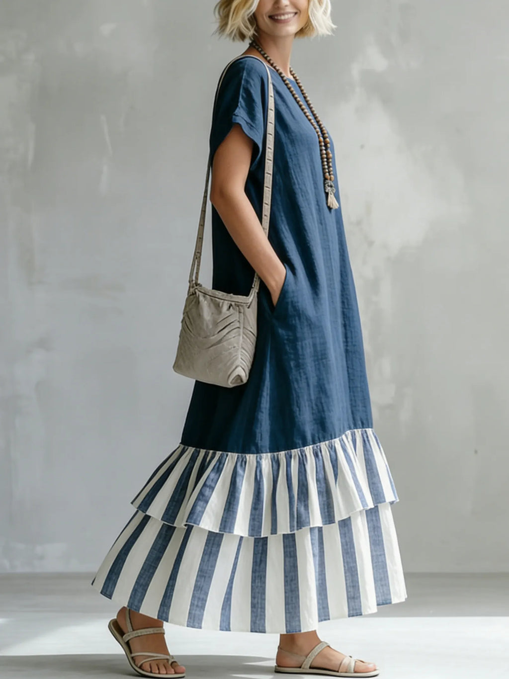 Cozy Striped Patchwork Ruffled Loose Cotton-linen Maxi Dress