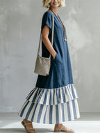 Cozy Striped Patchwork Ruffled Loose Cotton-linen Maxi Dress