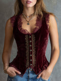 Vintage Burgundy Lace Patchwork Embroidered Vest