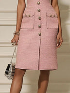 Pink Buckle Pocket Stitching Tweed Spaghetti Sleeveless Sheath Midi Dress