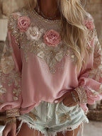 Women's Pink Flower Embroidery Art Print Long Sleeve T-shirt