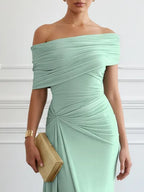 Green Ruched Knit Off The Shoulder Sleeveless Bodycon Maxi Dress