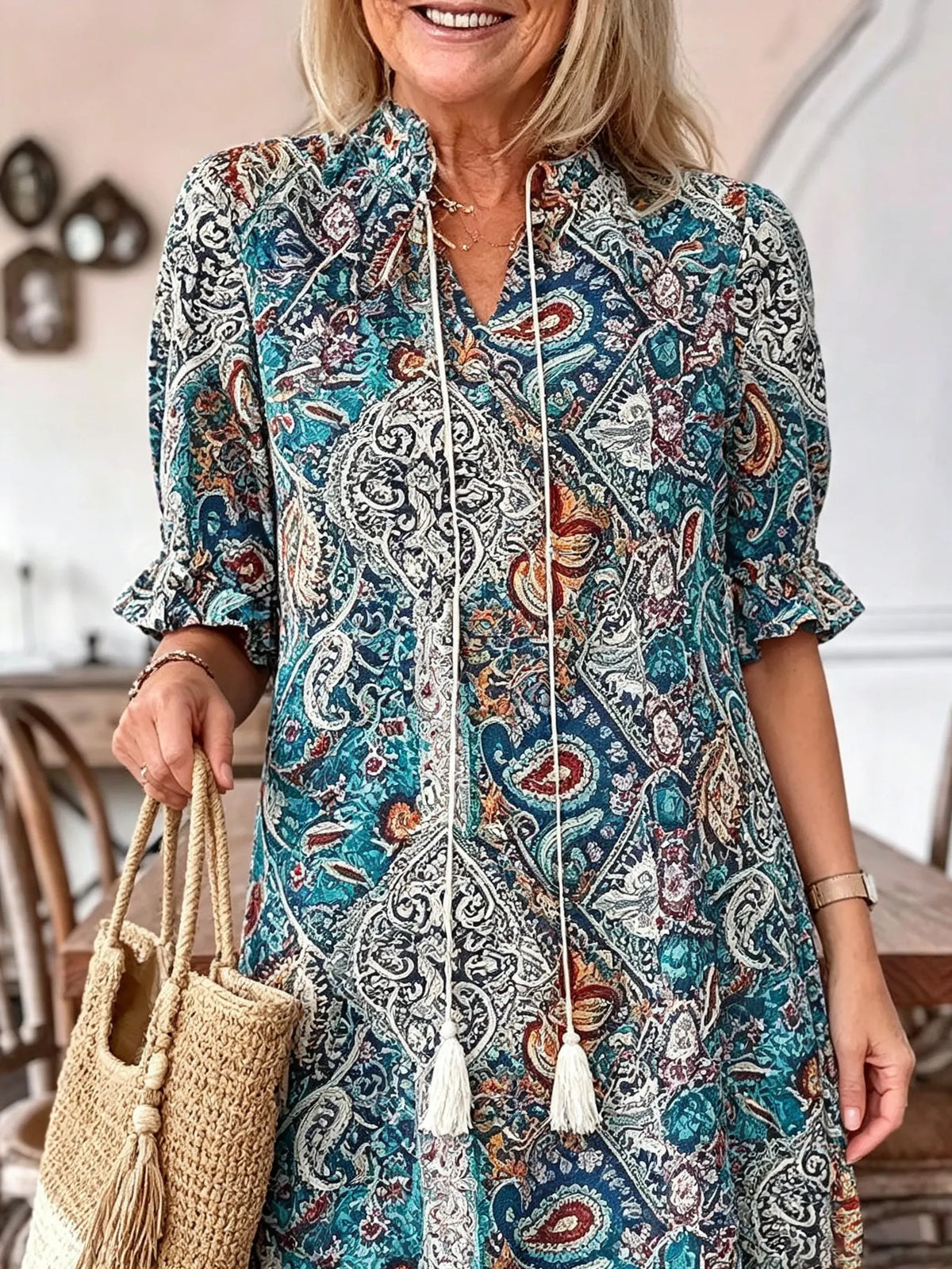 Vacation DRESS Paisley Bohemian Long Length Vintage Print Tassel Tie Neck Tunic Dress - Elegant Vacation Style with Drawstring, Ruffle Hem, and Random Printing