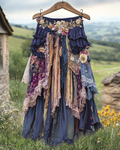 Summer ruffled cotton and linen patchwork contrast color skirt 468a