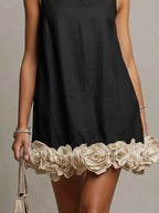 Black Cotton-Linen Mini Dress With 3D Floral Hem