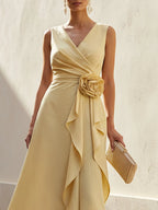 Maxi Linen Dress, Sleeveless, V Neck, Plain, 3D Floral, French Vintage, Yellow