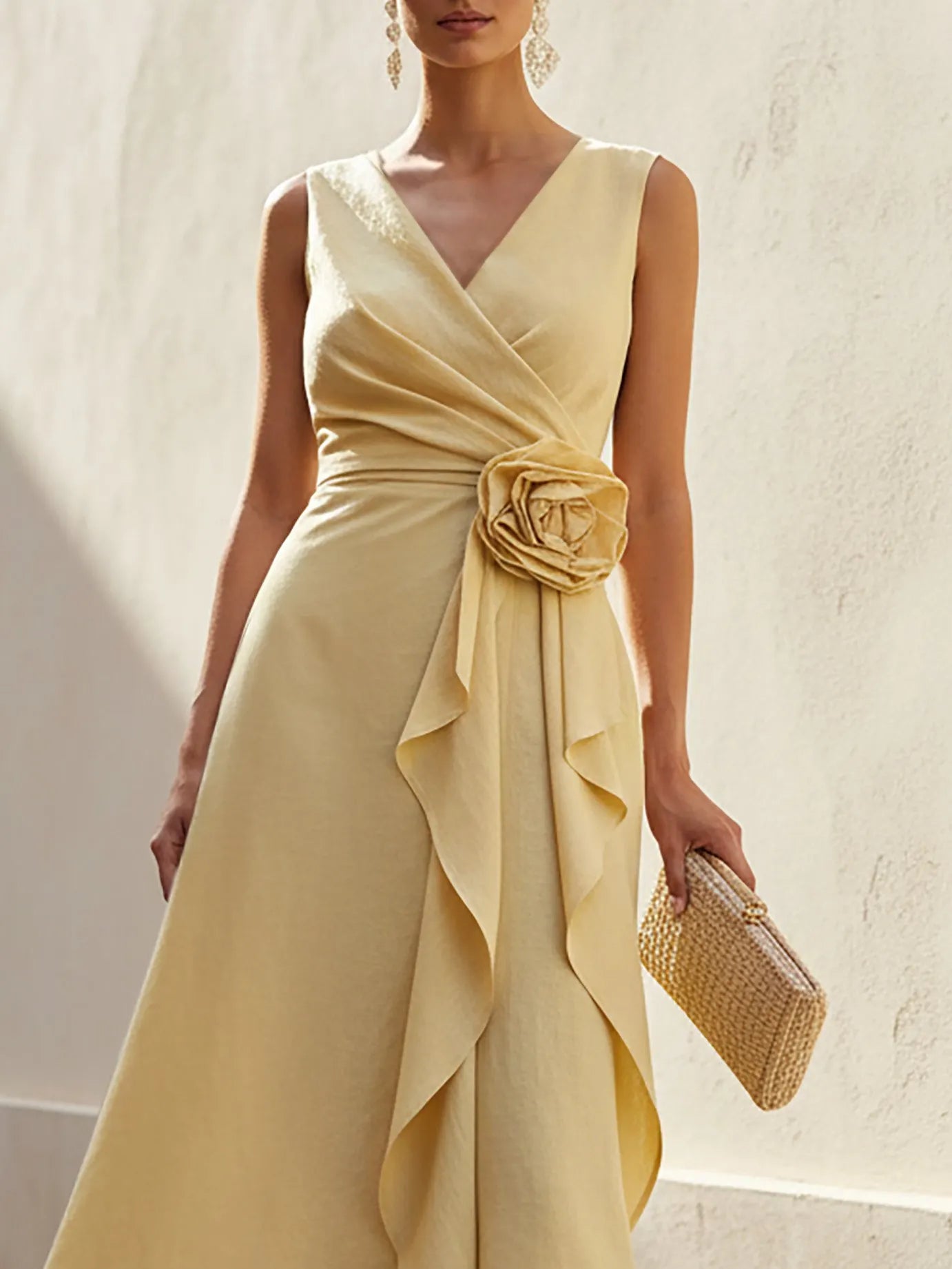 Maxi Linen Dress, Sleeveless, V Neck, Plain, 3D Floral, French Vintage, Yellow