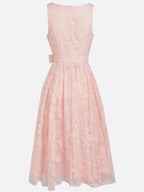 Light Pink Bow Embroidery Classic V Neck Sleeveless A-Line Midi Dress With Pockets