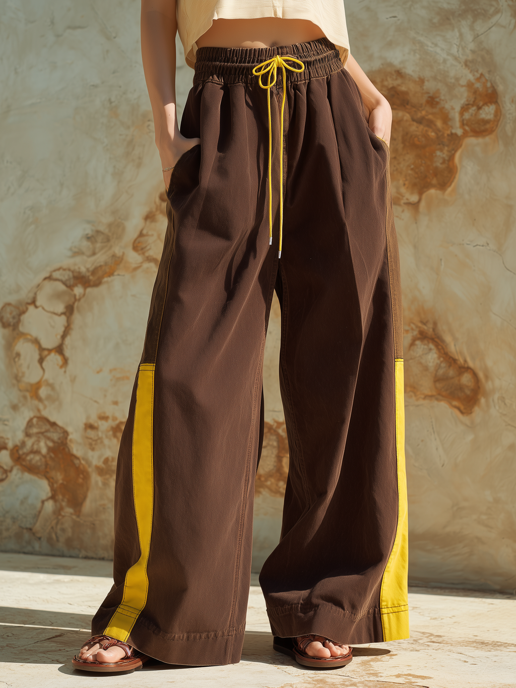 Color-Block Wide-Leg Pants Elastic Drawstring Waist