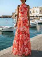 Orange Red Floral Bow Chiffon Halter Sleeveless A-Line Maxi Dress