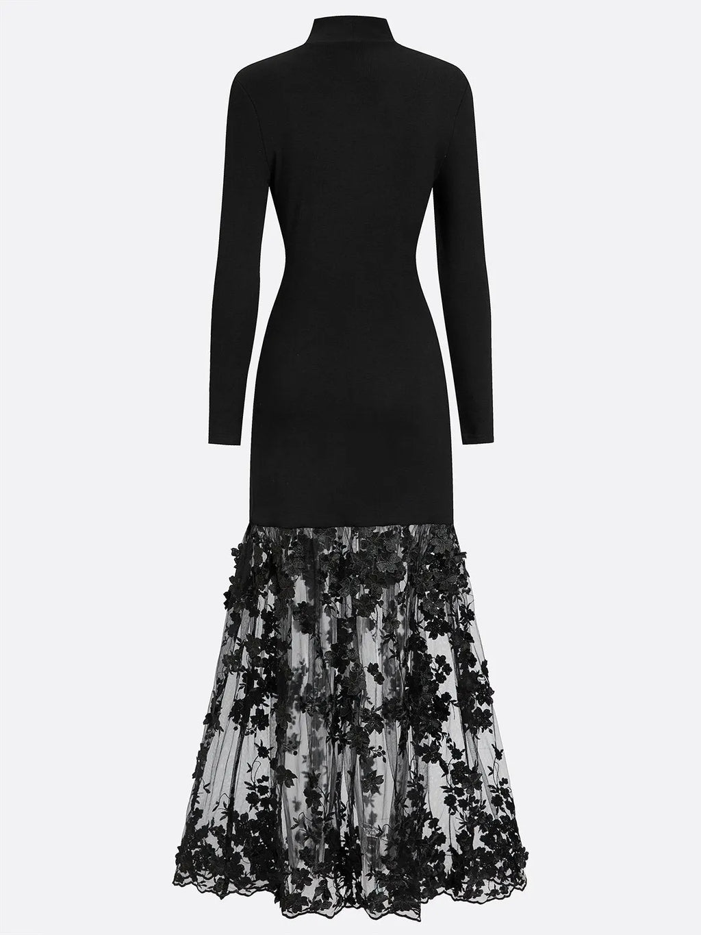 Black Mesh Floral Knit Mock Neck Long Sleeve A-Line Maxi Dress