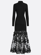 Black Mesh Floral Knit Mock Neck Long Sleeve A-Line Maxi Dress