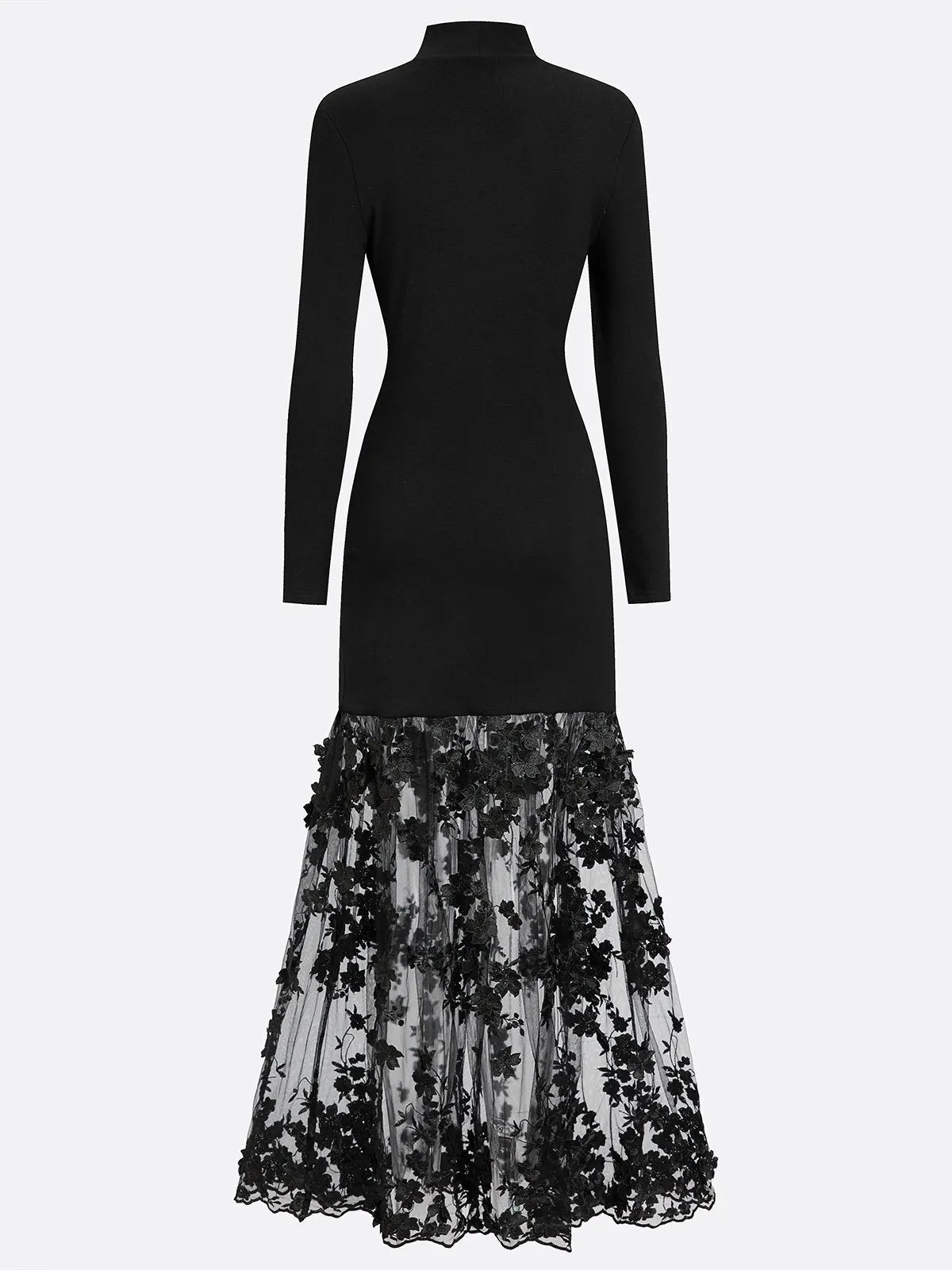 Black Mesh Floral Knit Mock Neck Long Sleeve A-Line Maxi Dress