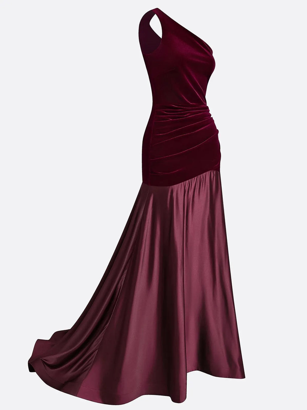 Burgundy Satin Ruched Split Joint Velvet One Shoulder Sleeveless A-Line Gown Dress