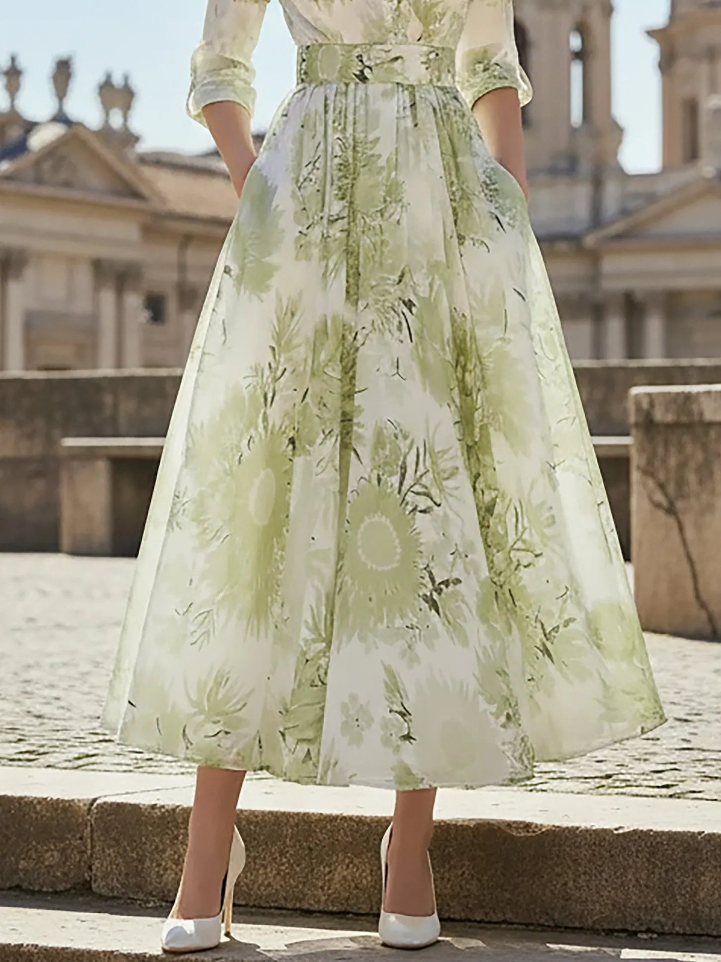 Maxi Linen Dress, Half Sleeve, Stand Collar, Floral, Vacation, Vintage, Lightgreen