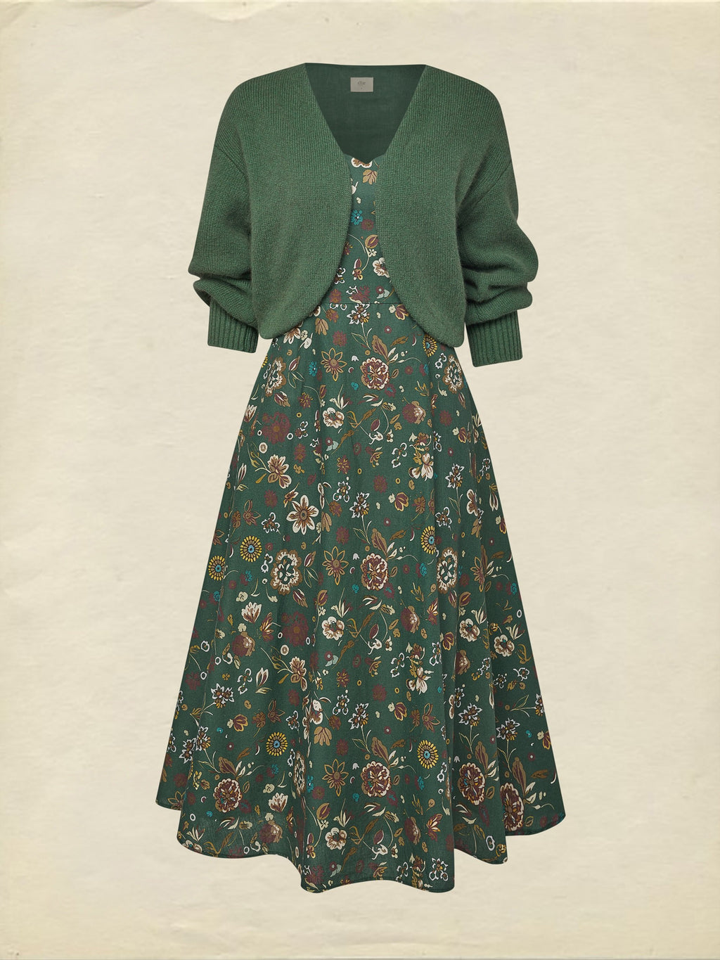 Midi Linen Dress, Long Sleeves, Square Neck, Paisley, Vintage, Green