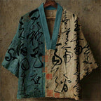 Men's Retro Calligraphy Art Print Linen V-neck Shirt