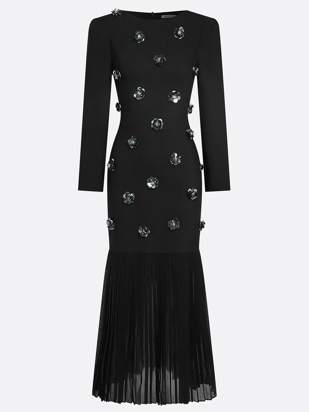 Black Pleated 3D Floral Classic Boat Neck Long Sleeve Mermaid Maxi Dress