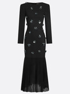 Black Pleated 3D Floral Classic Boat Neck Long Sleeve Mermaid Maxi Dress