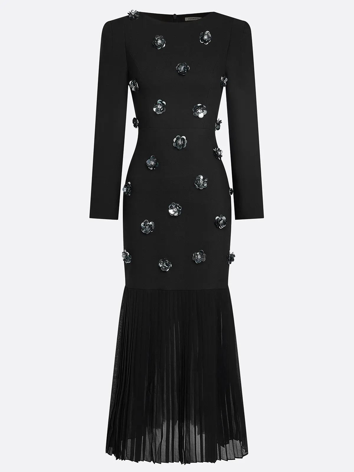 Black Pleated 3D Floral Classic Boat Neck Long Sleeve Mermaid Maxi Dress
