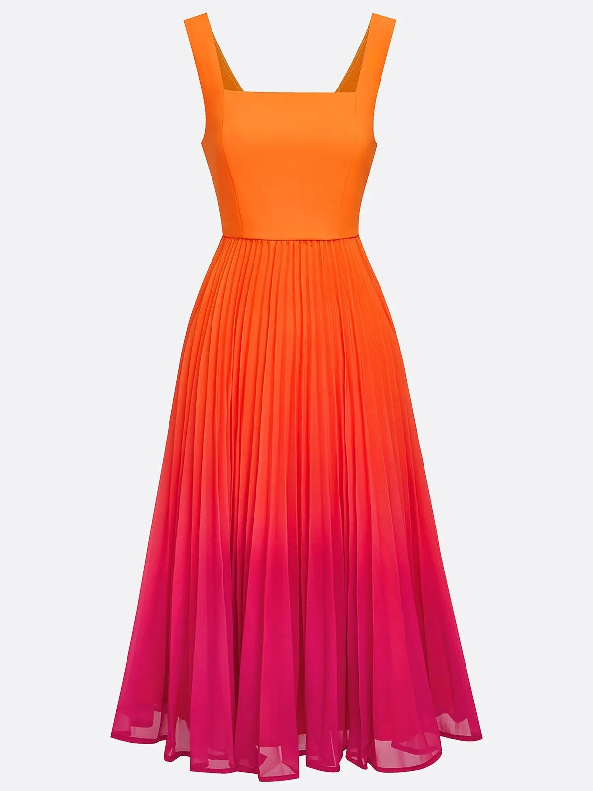 Orange Pleated Ombre Classic Square Neck Sleeveless A-Line Midi Dress