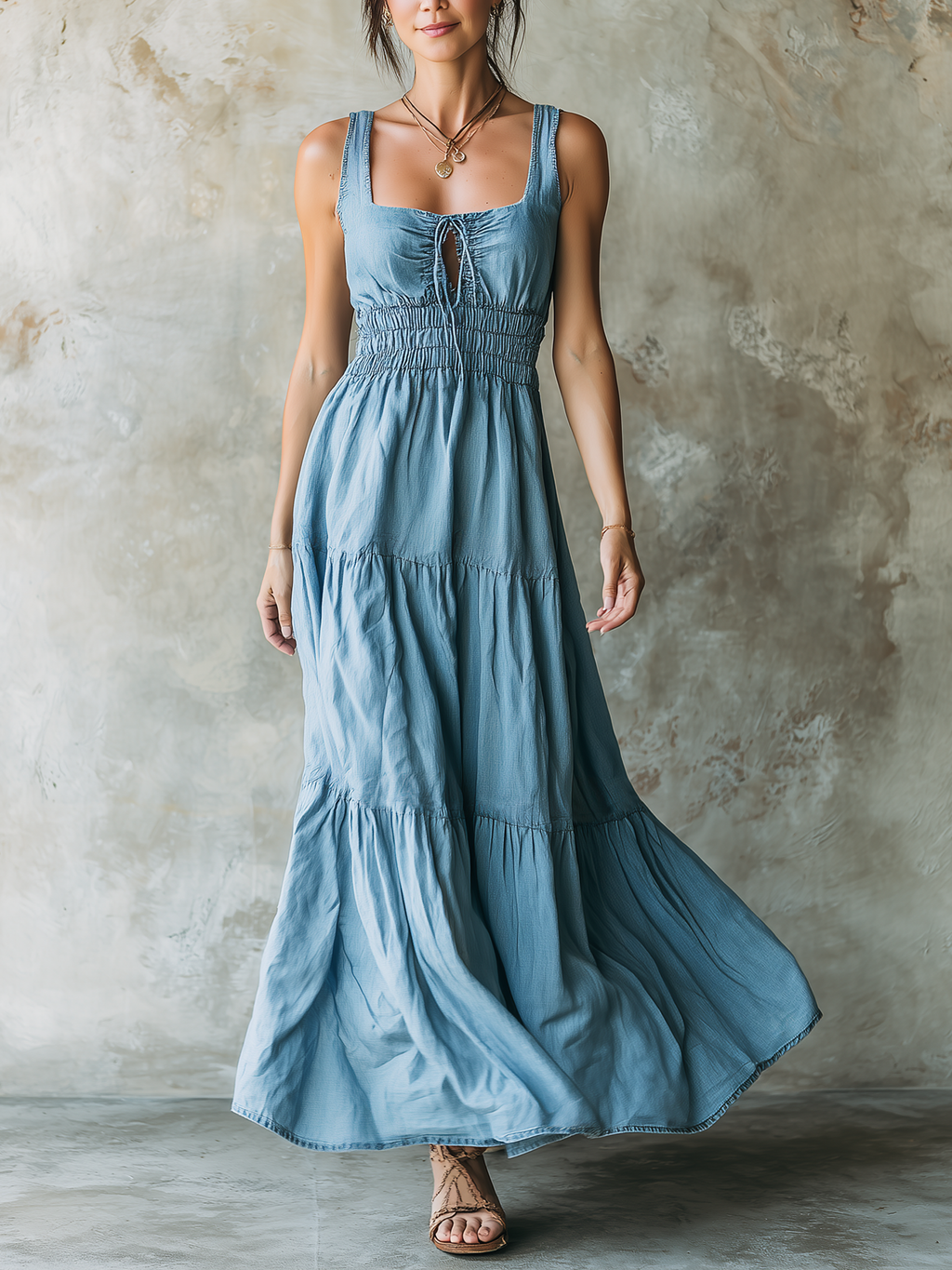 Light Blue Denim Smocked Tiered Maxi Dress