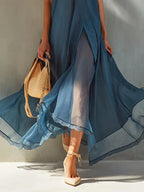 Blue Chiffon Sleeveless Maxi Dress