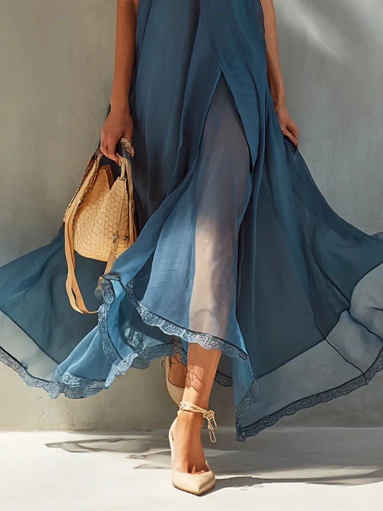 Blue Chiffon Sleeveless Maxi Dress