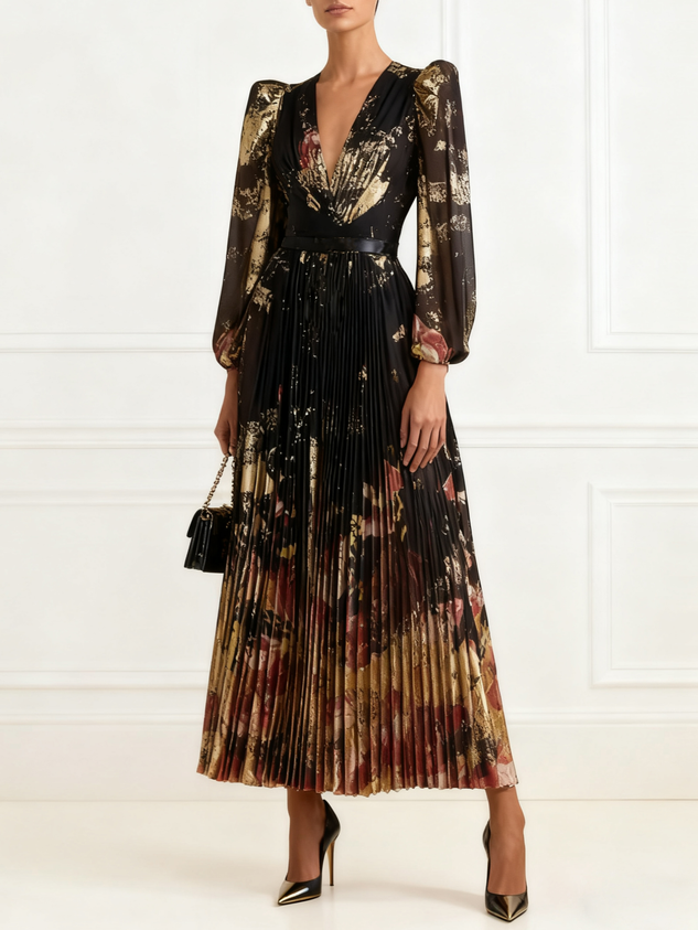 Black Floral Chiffon V Neck Long Sleeve Balloon Sleeve A-Line Maxi Dress