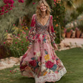 Women's Vintage Floral Print V-neck Long Sleeve Maxi Dress