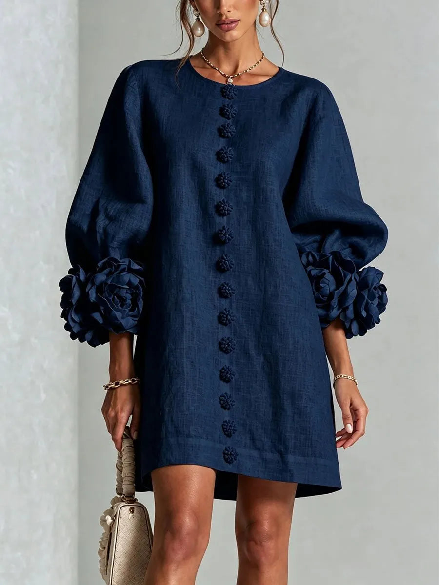 Women's 3D Floral Cuff Balloon Sleeve Mini Dress, Front Floral Button Cotton Linen Blend Shift Dress