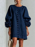 Women's 3D Floral Cuff Balloon Sleeve Mini Dress, Front Floral Button Cotton Linen Blend Shift Dress