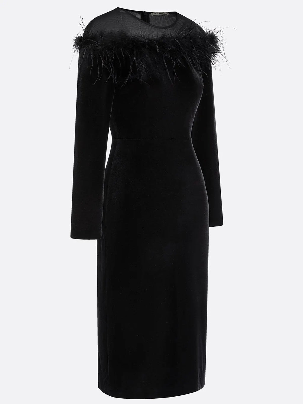 Black Feather-trimmed Mesh Velvet Crew Neck Long Sleeve Sheath Midi Dress